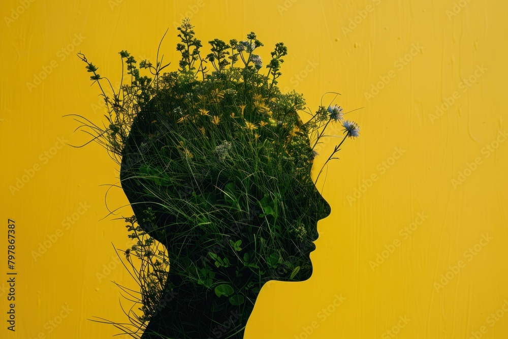 Silhouette of woman with flowers growing out of hair on yellow background, creative concept art