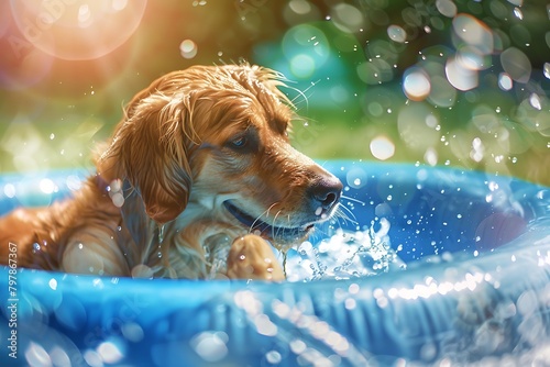 A canine companion enjoying a refreshing summer day, playfully splashing in a kiddie pool, water droplets glistening in the sunlight. photo