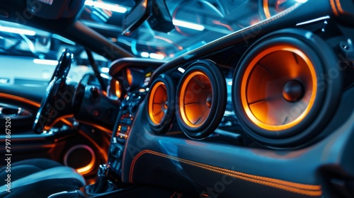 A car audio system with speakers and subwoofers providing immersive sound on the road