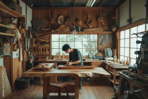 Men make woodcraft architecture workshop building. photo
