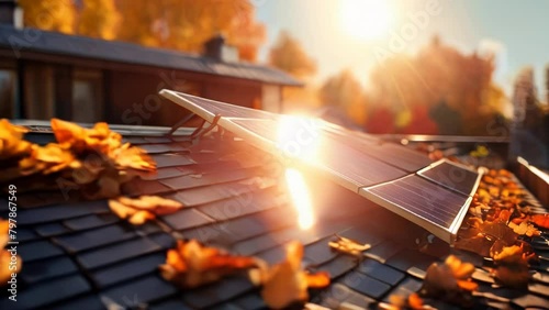 Autumn. A close-up of a group of rooftop solar panels demonstrating a solution to incorporate renewable energy sources into urban planning to reduce carbon dioxide emissions.	 photo