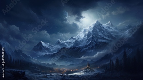 Fantasy landscape with mountains, moon and stars