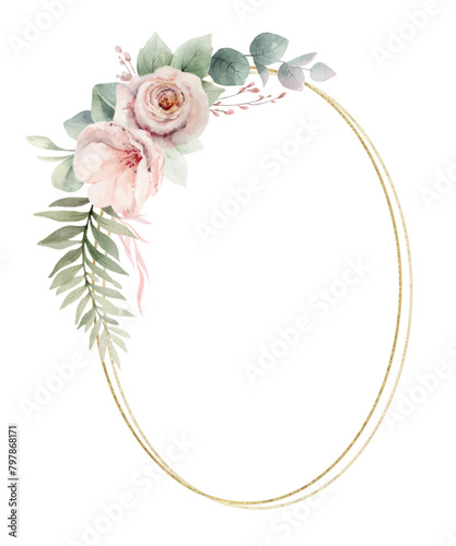 Watercolor floral oval frame with golden geometric shape.. Dusty pink roses flowers and eucalyptus leaves. Arrangement for wedding invitations, decoration, cards. Hand painted illustration.