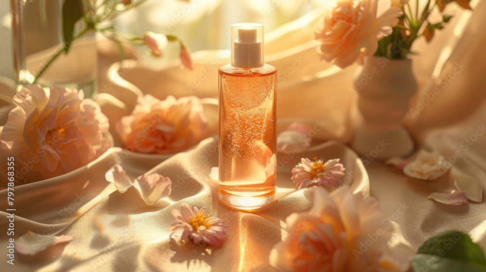Perfume, silk and flowers, products shot in the studio Perfume, silk and flowers, products shot in the studio