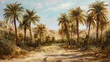 In a secluded oasis, slender date palms gently sway in the breeze, providing nourishment to those seeking