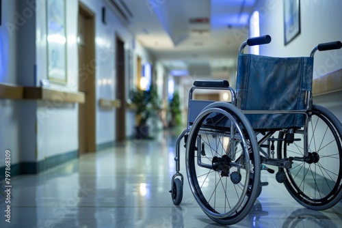 Wheelchair in a lonely hospital corridor
