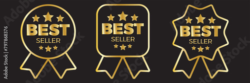 Best seller sticker label set with gold medal and red ribbon isolated fit for mark best seller product label. Vector premium quality gold emblems with stars and metal look. 11:11