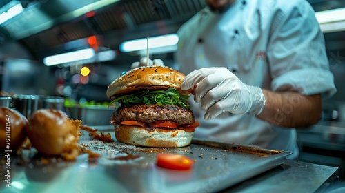 Fototapeta Naklejka Na Ścianę i Meble -  A chef wearing gloves is shown making a burger with a beef patty, tomato, and lettuce.