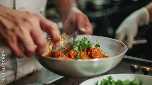 A chef garnishing a bowl of chicken tikka masala with fresh cilantro leaves, adding a burst of color and flavor to the classic Indian dish.