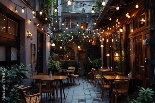 A charming cafe with cozy outdoor seating, adorned with string lights that create a warm and inviting ambiance.