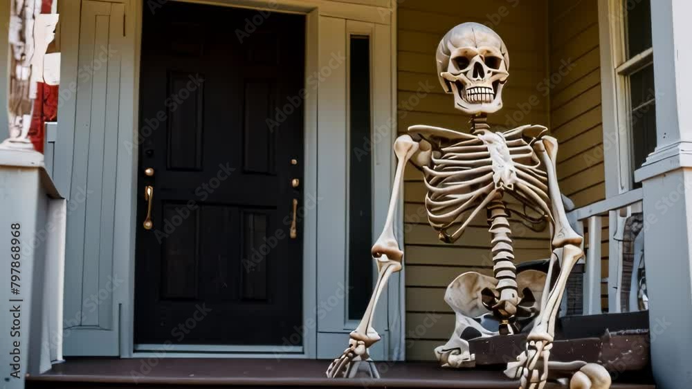 Video animation of  skeleton model is casually seated on a porch. The skeleton rests one hand on its knee while the other supports it from the ground. The porch features wooden flooring