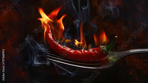 Chili pepper on fork with flames on black background, Burning red chili pepper, Red chilli peppers with a fork on a fire element and hot background, Spicy food and burning concept 