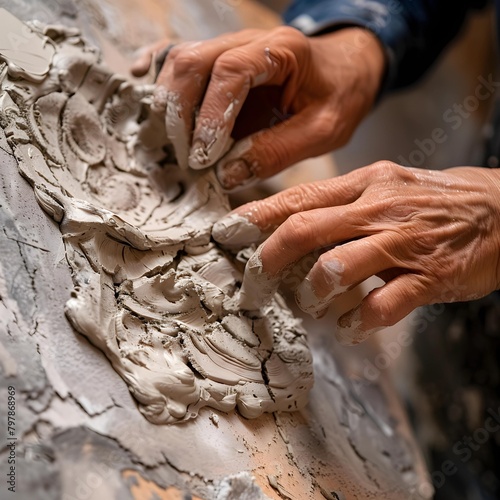 Detailed view of an artist's hands as they carefully sculpt and add intricate textures to a piece of wet clay.