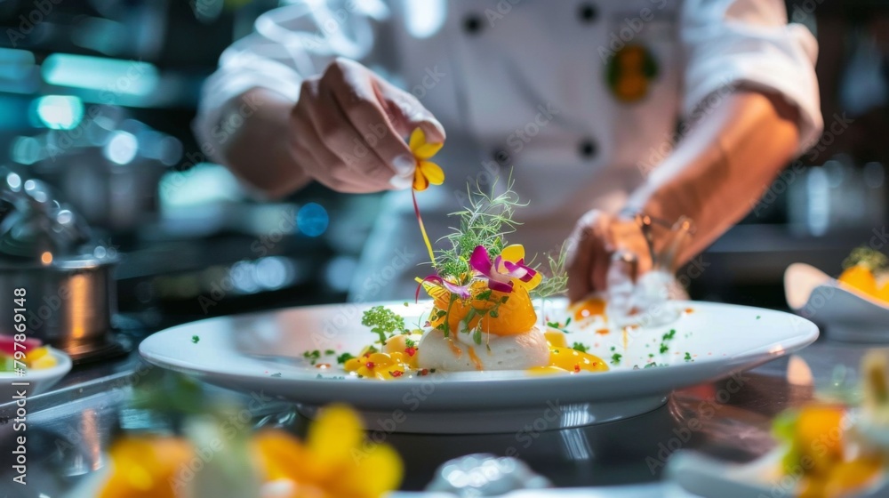 A chef presenting a beautifully plated Thai dessert, delicately garnished with edible flowers and intricate designs, a true feast for the eyes.