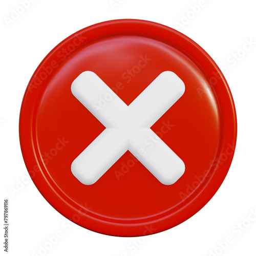3d icon. Error sign in red glass round frame. Denied access. 3D render illustration in cartoon style. Transparent background, isolation.