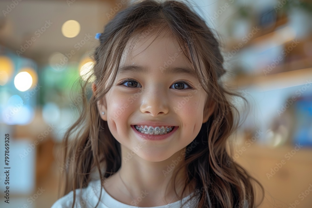 A smile showing teeth with braces in orthodontic treatment, a young asian girl with black ponytail hairstyle isolated on a blurred day background portrait. A smile showing teeth with braces in orthodontic treatment, a young asian girl with black ponytail hairstyle isolated on a blurred day background portrait.