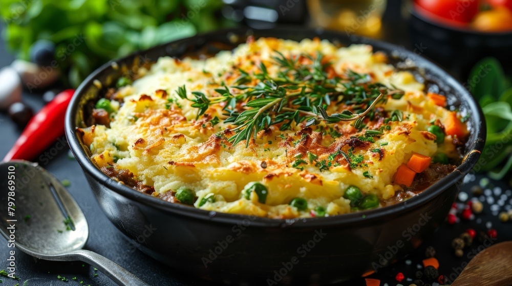 A delicious and comforting shepherd's pie, made with ground lamb, vegetables, and a creamy mashed potato topping.