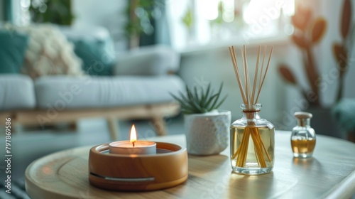 aromatherapy - aroma reed diffuser  burning candle  and perfume on a table in a modern living room at home