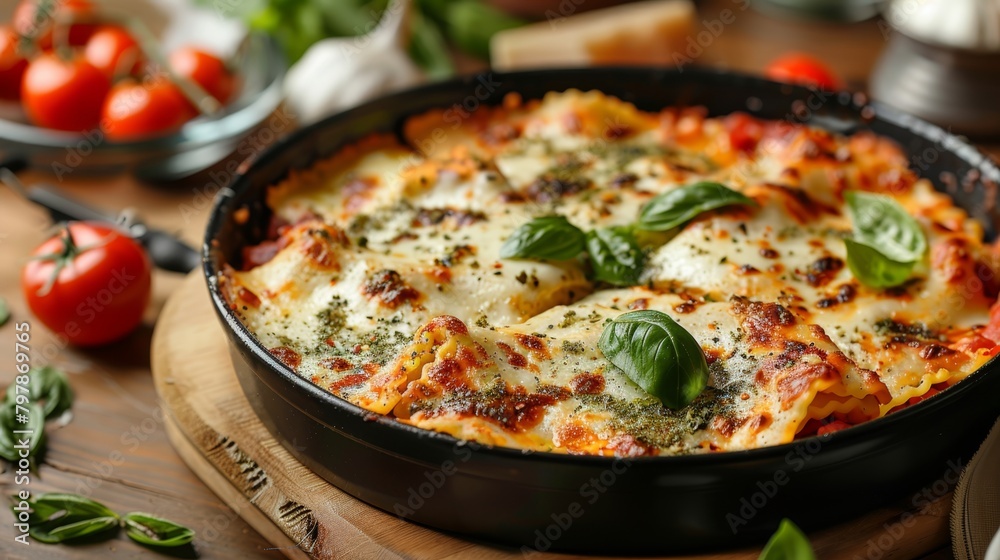 A delicious lasagna with basil leaves on top