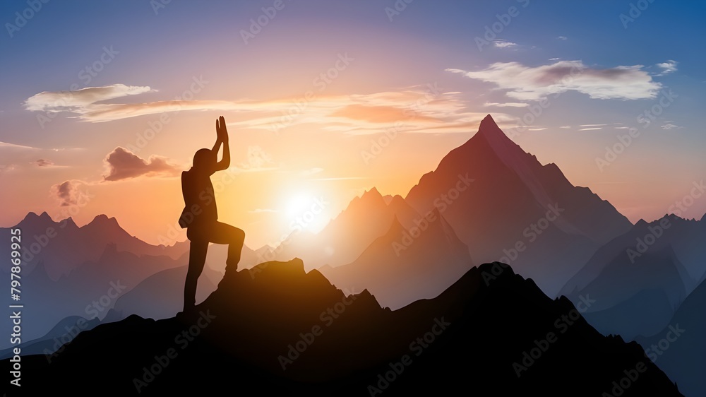 Freedom and adventure of travel, silhouette of a person raising their hands in prayer at the mountain peak with the sun setting in the sky