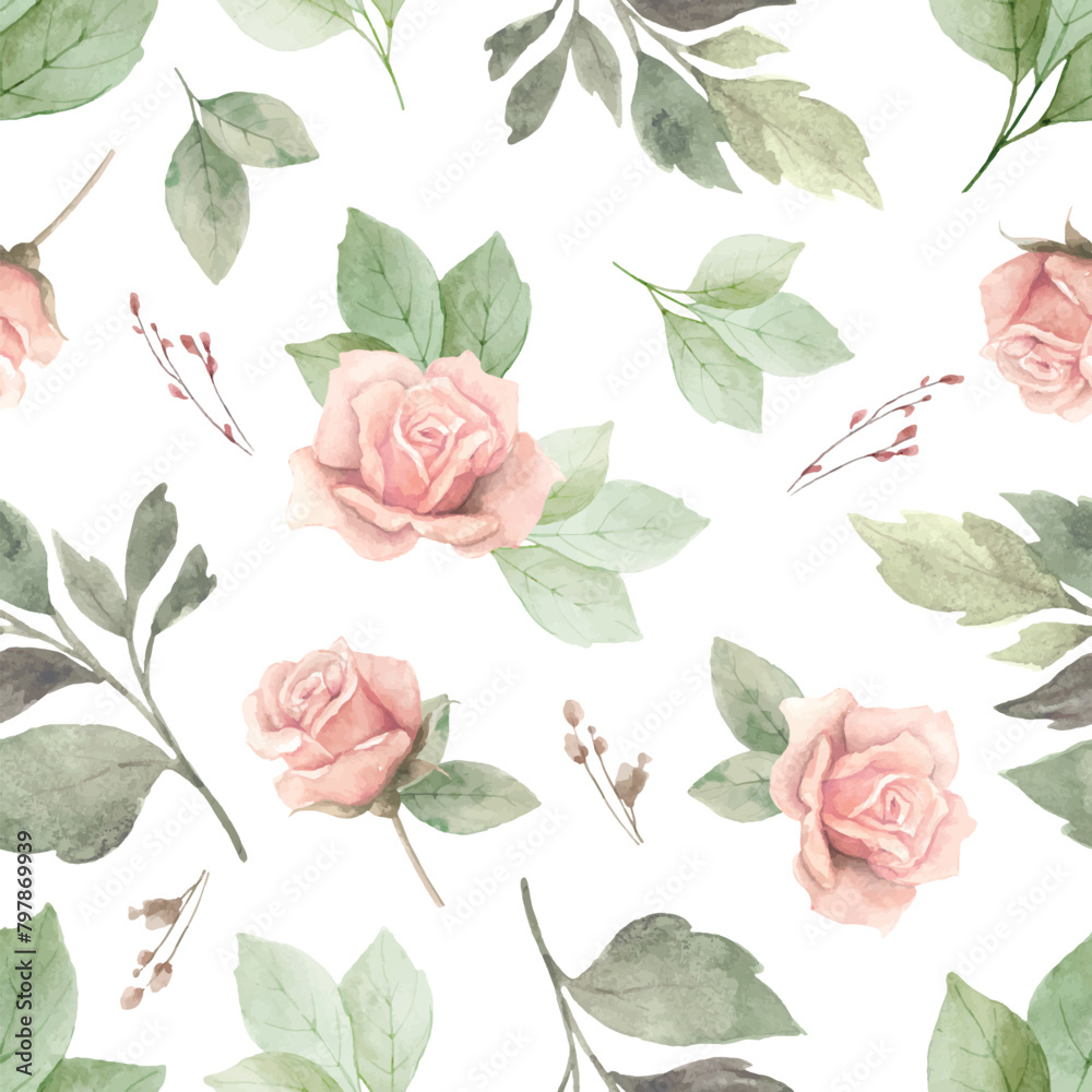 Fototapeta premium Watercolor floral seamless pattern. Pink roses flowers and eucalyptus leaves. Wrapping paper, textile, wedding, digital scrapbooking, packaging, fabrics, cards. Hand painted illustration.