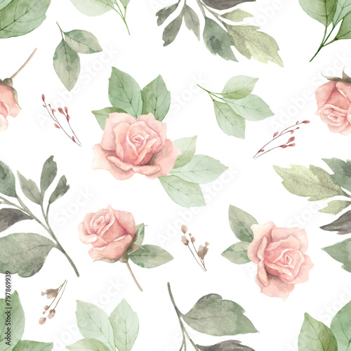 Watercolor floral seamless pattern. Pink roses flowers and eucalyptus leaves. Wrapping paper  textile  wedding  digital scrapbooking  packaging  fabrics  cards. Hand painted illustration.
