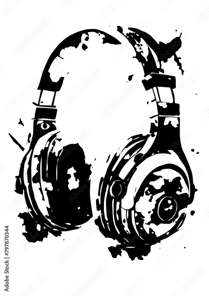 Fototapeta premium Casque audio, casque de gaming, silhouette pochoir vectorielle noire et fond transparent