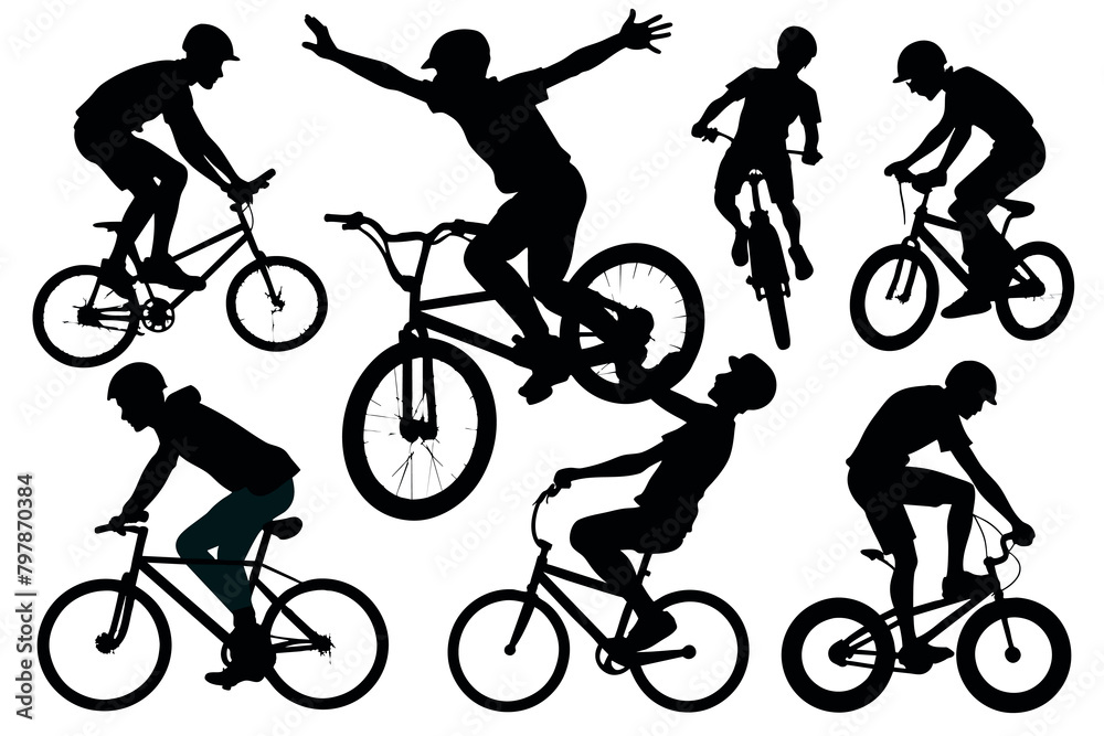 Obraz premium A cyclist performs various tricks on his bike. black silhouette isolates on a white backgroun