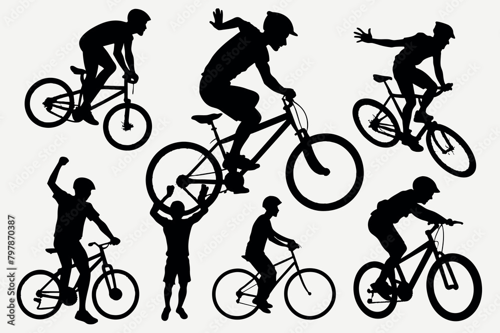 Obraz premium A cyclist performs various tricks on his bike. black silhouette isolates on a white backgroun