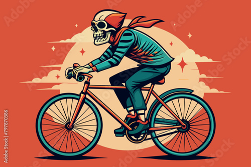 a skeleton on a bicycle riding forward.