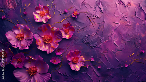 Bright pink and gold beautiful flowers on deep purple. An illustration in a picturesque style.