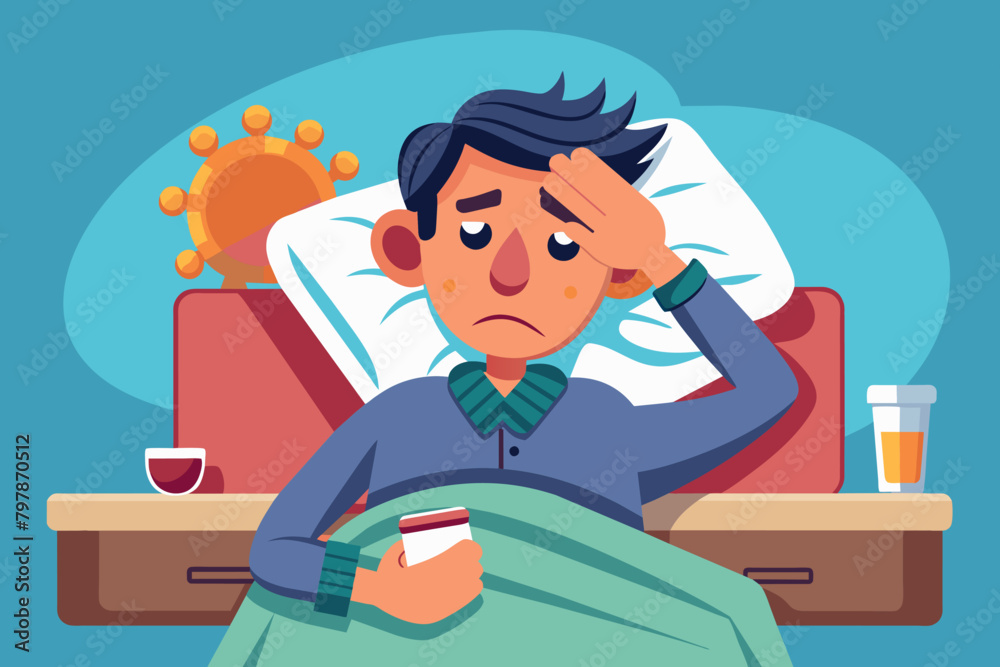 adult man upset because he caught a cold lying on a bed in the evening in his bedroom. Flu fever and other spreading diseases