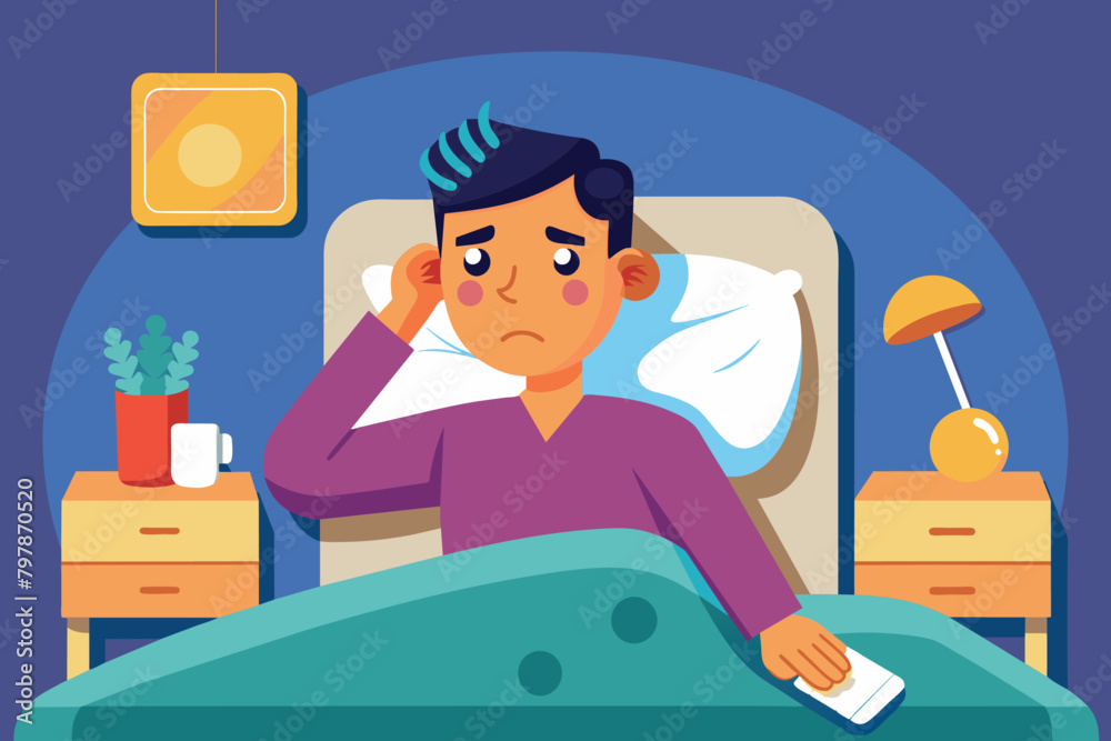 adult man upset because he caught a cold lying on a bed in the evening in his bedroom. Flu fever and other spreading diseases