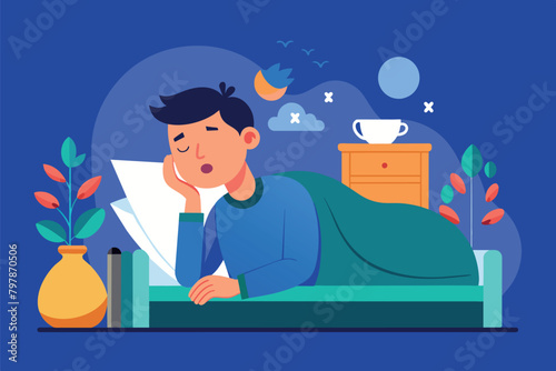 adult man upset because he caught a cold lying on a bed in the evening in his bedroom. Flu fever and other spreading diseases