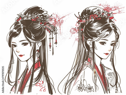 A sketch of cute Chinese girl in tradition national costume, Generative AI