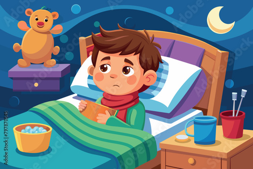 a little boy is upset because he has a cold and is lying in a bed in the evening nursery. Fever, influenza and other spreading diseases.