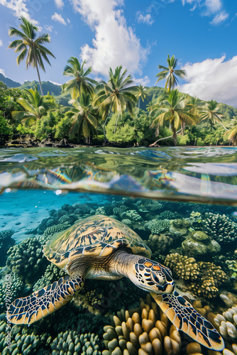 Ocean Guardian: Close-Up of Hawksbill Turtle in Natural Habitat, endeared spices. 