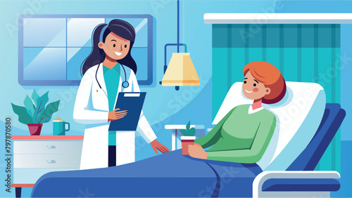a woman doctor in a hospital room examining a patient. Treatment of ailments. Positive recovery