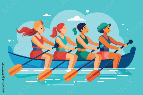  rowing of female athletes on the water in summer time. planned competitions. flat image.