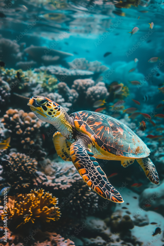 Ocean Guardian: Close-Up of Hawksbill Turtle in Natural Habitat, endeared spices. Ocean Guardian: Close-Up of Hawksbill Turtle in Natural Habitat, endeared spices.