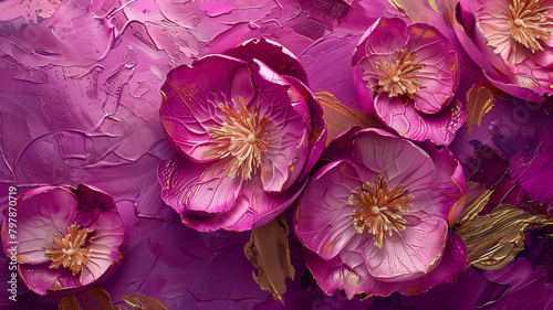 Bright pink and gold beautiful flowers on deep purple. An illustration in a picturesque style.