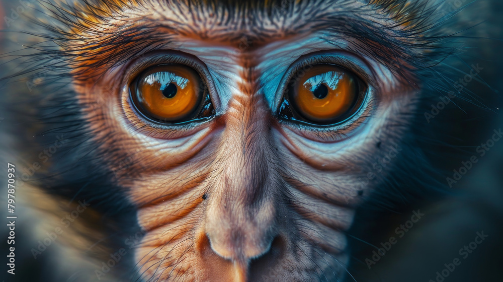 A monkey's face with its eyes open and looking at the camera - obrazy, fototapety, plakaty 