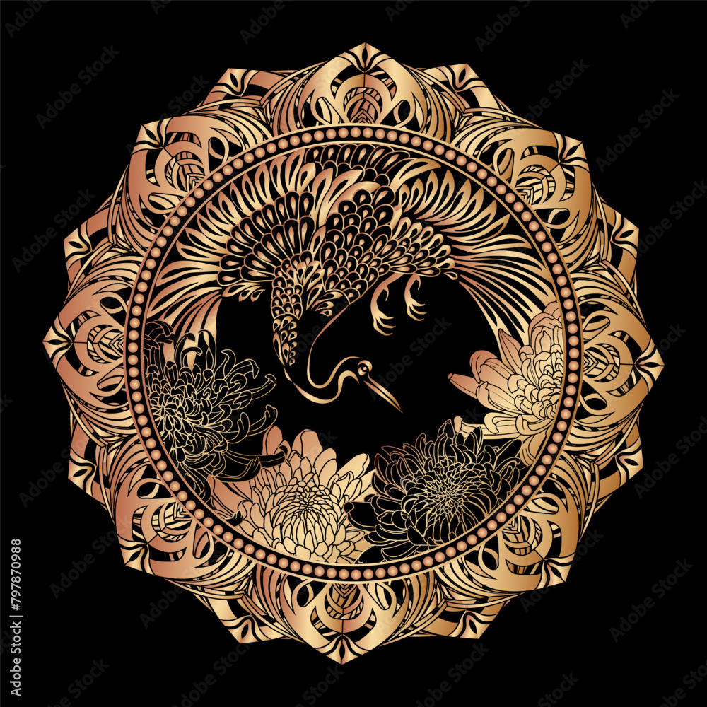 Obraz premium Crane taking off above the peonies and chrysanthemums - round, circular pattern. Image in ancient Southeast Asian style, plate design