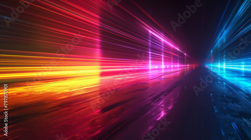 A colorful, abstract image of a long, winding road with neon lights