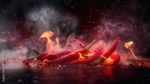 Group of Red Hot chili pepper on fire and smoke at black background ,Background of a burning hot red chilli pepper ,Large red chili pepper is sitting on a pile of hot coals creating intense fire photo