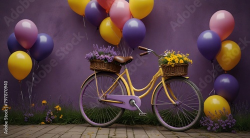 bicycle with a basket of flowers and balloons, purple and yellow