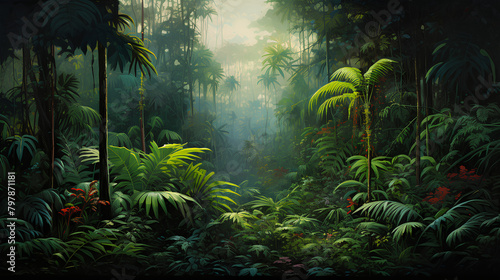 Mystical Rainforest Canopy  Lush Greenery  Morning Light  with Copy Space