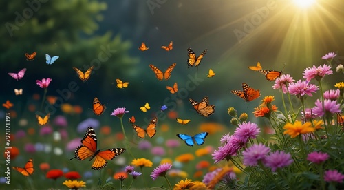  many colorful butterfly flying around a field of flowers © Amjad
