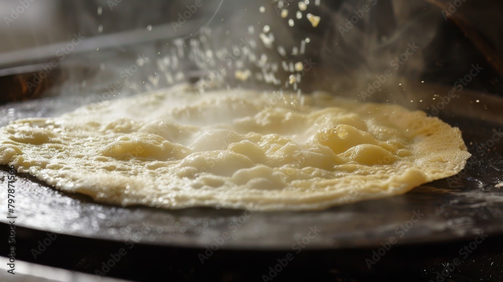 A close-up of dosa batter being spread evenly on a hot griddle, capturing the anticipation of a perfectly cooked Indian delicacy. A close-up of dosa batter being spread evenly on a hot griddle, capturing the anticipation of a perfectly cooked Indian delicacy.