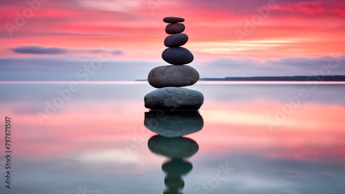 Perfectly balanced stack of smooth stones with a tranquil sunset reflecting on still water, conveying peace and meditation. 